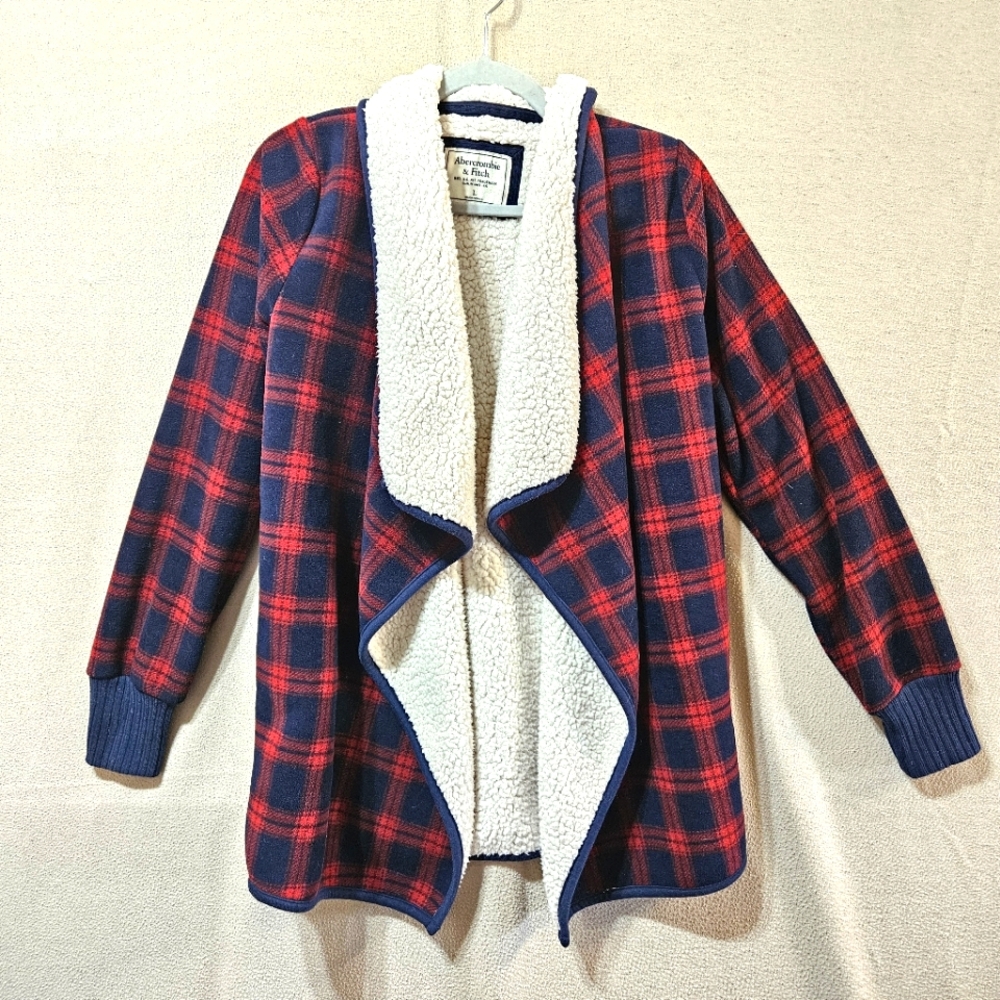 Abercrombie & Fitch Red and Blue Plaid Open Front Fleece Cardigan Large